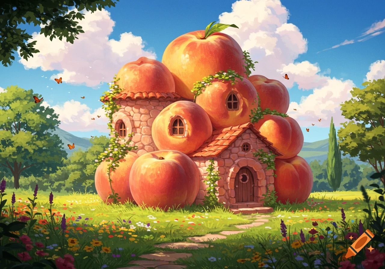 A whimsical stone house made of giant peaches, set in a lush green field with wildflowers and trees under a blue sky.
