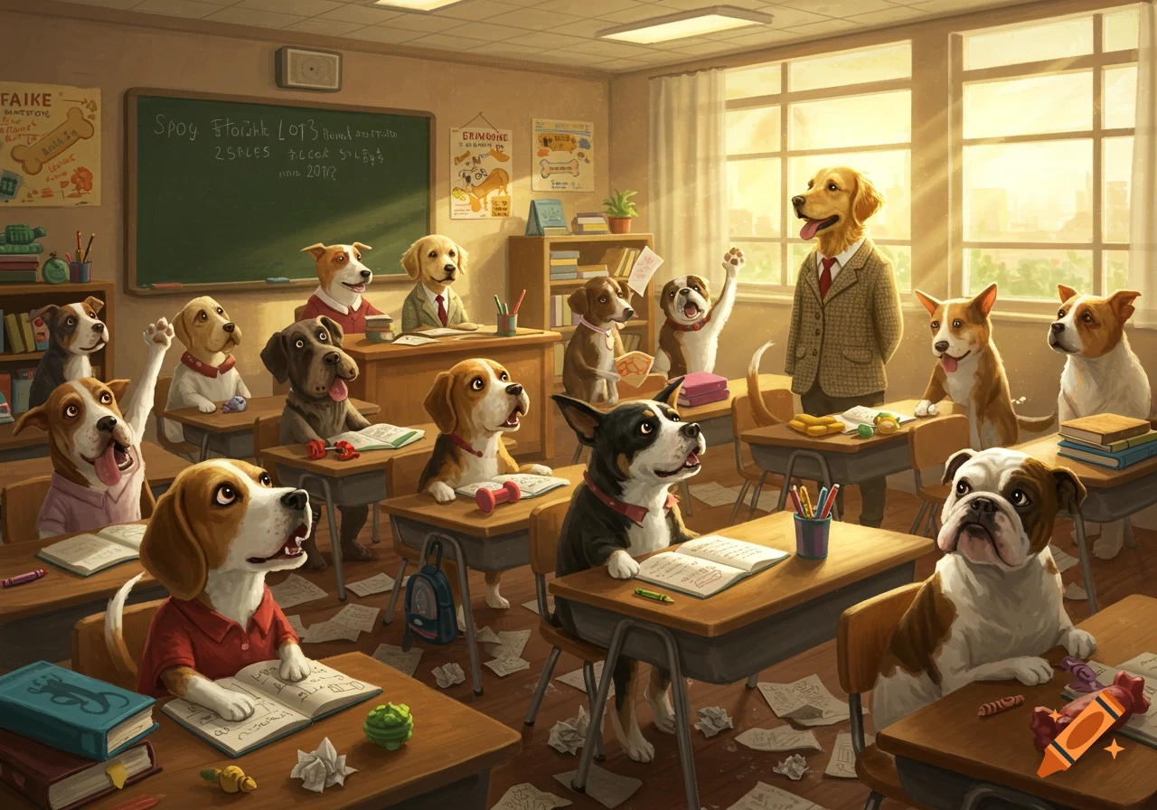 An illustrated scene shows a classroom of various dog breeds, with one dog as a teacher and others as students at desks.