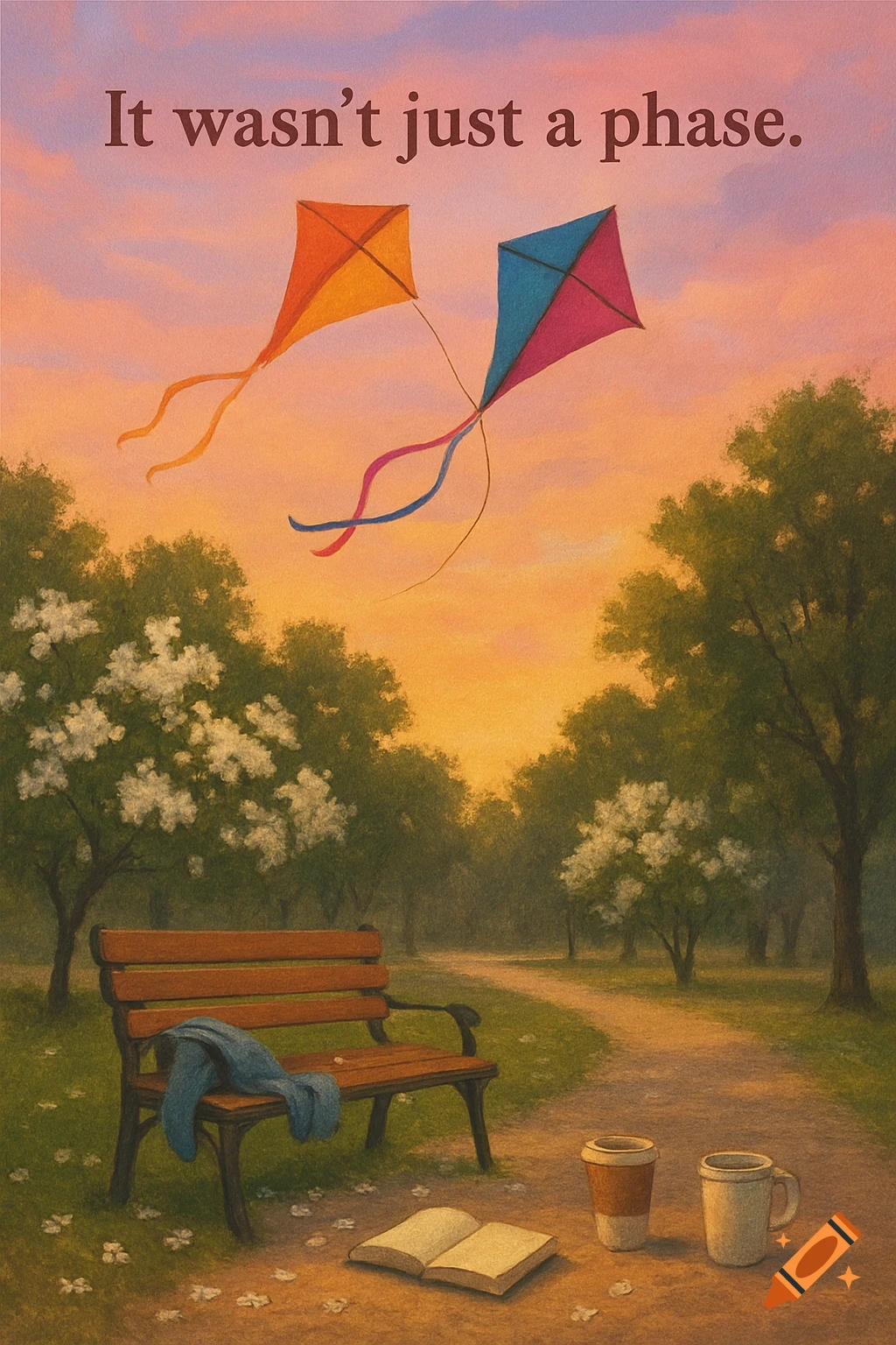 A painting of a park at sunset with two kites flying, a bench, an open book, and two coffee cups on the path. Text reads "It wasn't just a phase."