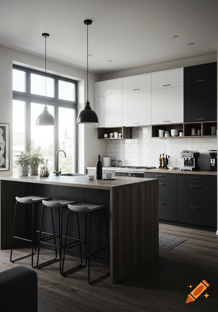 Photorealistic modern kitchen with a black, white, and wood theme, featuring an island with stools, a sink, and a coffee bar.