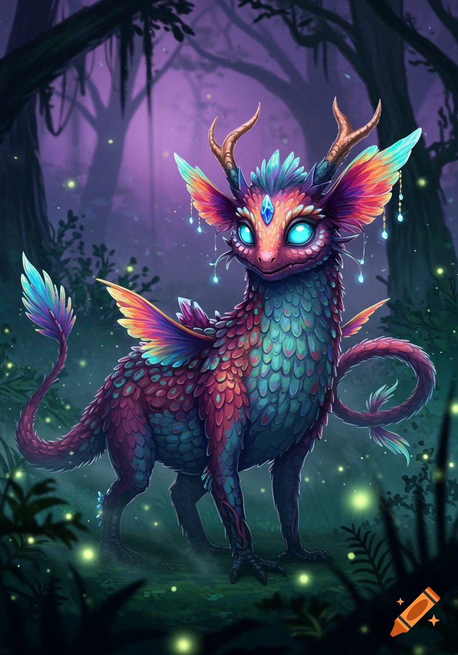 A vibrant, colorful fantasy creature with large ears, horns, and glowing blue eyes stands in a magical, glowing forest.