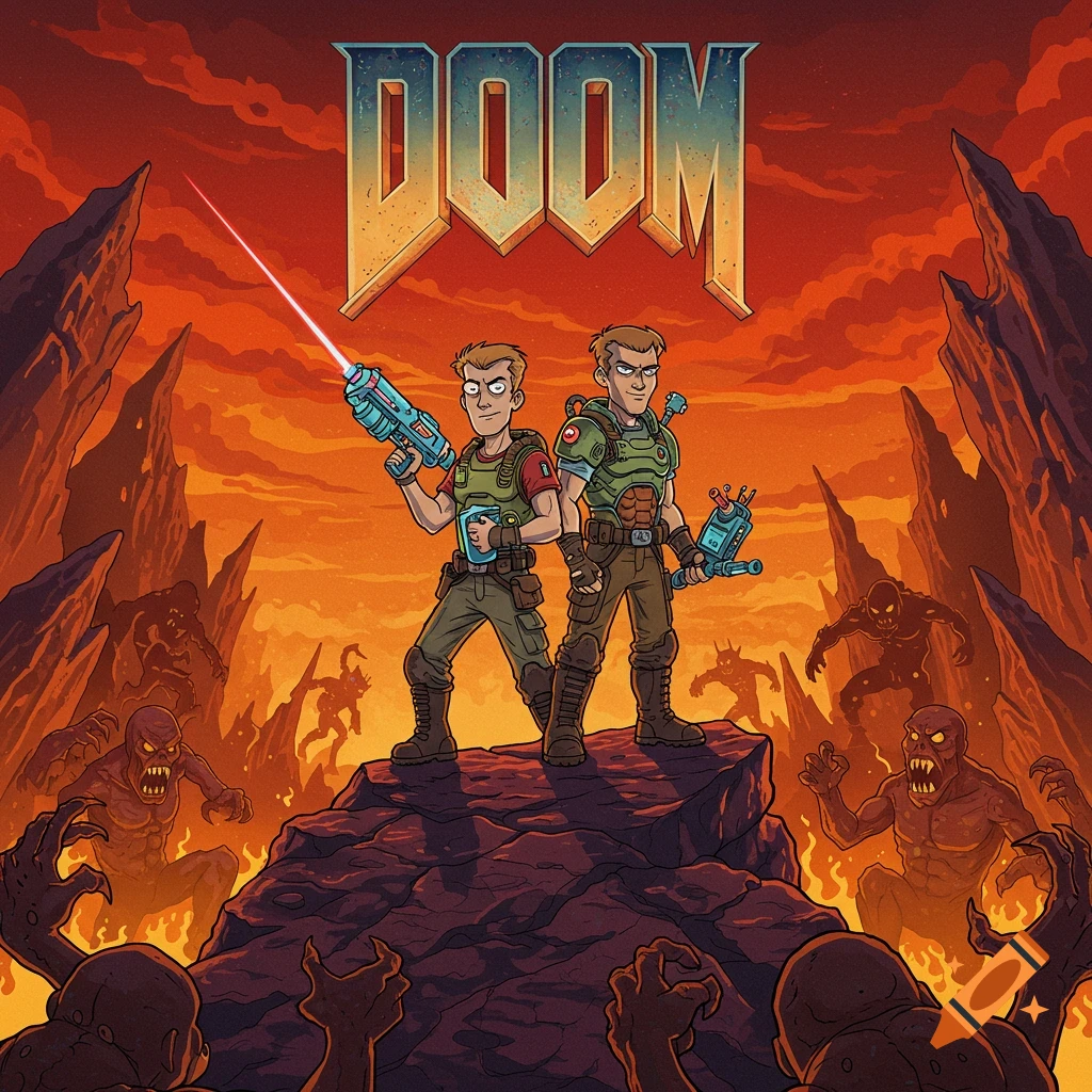 Cartoon men resembling Hank and Dean Venture on a rock, wielding sci-fi guns, surrounded by demons in a hellish landscape with 'DOOM' title.
