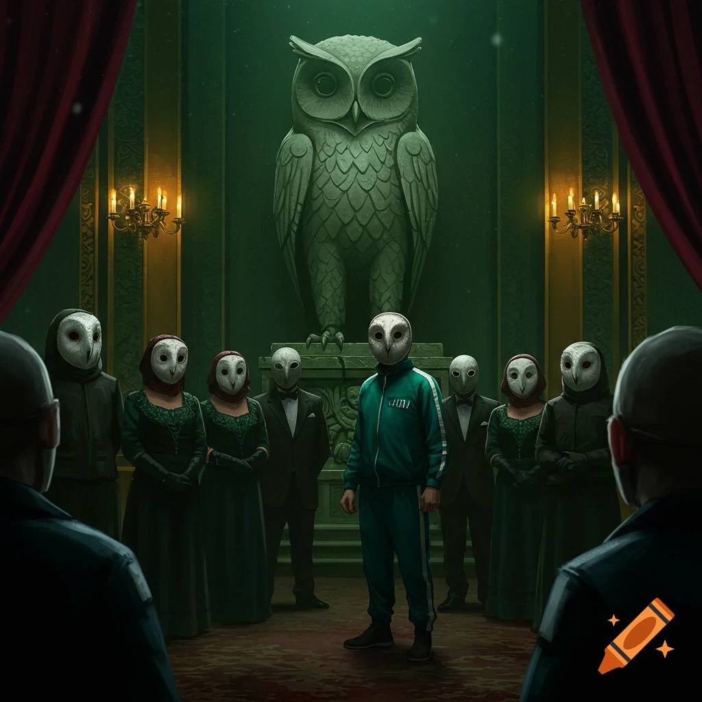 People in owl masks and one person in a green tracksuit stand in a grand, dimly lit room with a large owl statue.