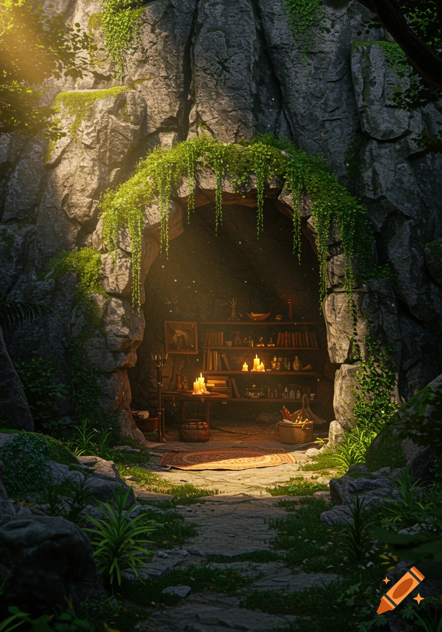 A glowing light illuminates the entrance to a cozy cave, filled with a bookshelf, candles, and a patterned rug. Green vines hang from the rocky ceiling.