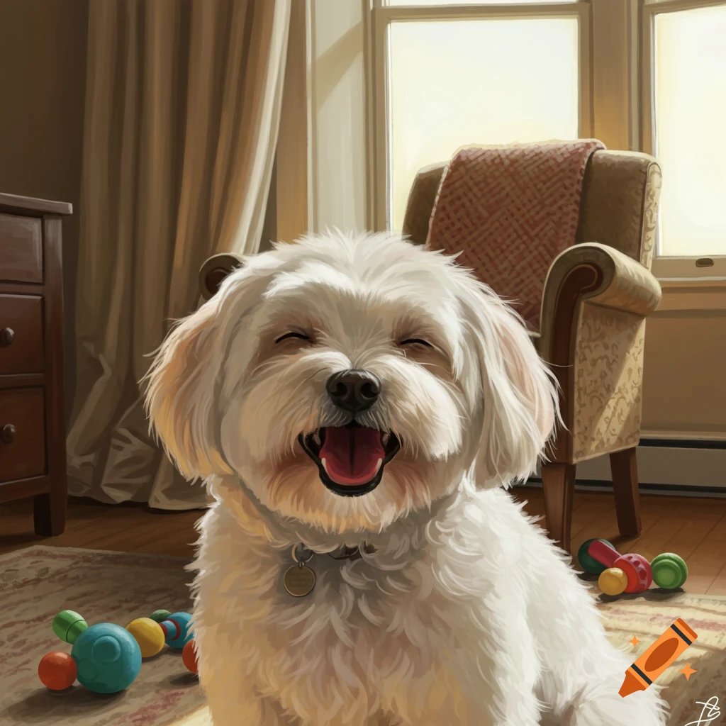 A white fluffy dog with closed eyes and an open mouth, appearing to laugh, sitting on a rug with toys in a sunlit room.