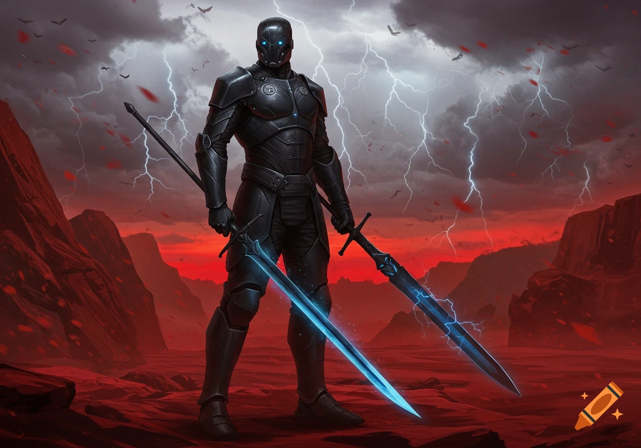 A futuristic warrior in black armor holds two glowing blue swords and a staff in a stormy red, rocky landscape with lightning.