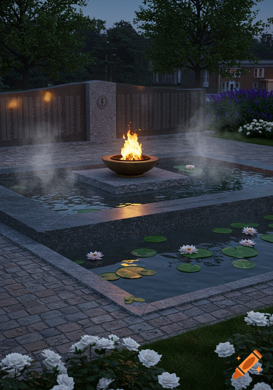 A photorealistic depiction of a solemn veteran's memorial with a central fire pit above a water feature with lily pads, surrounded by stone walls inscribed with names.