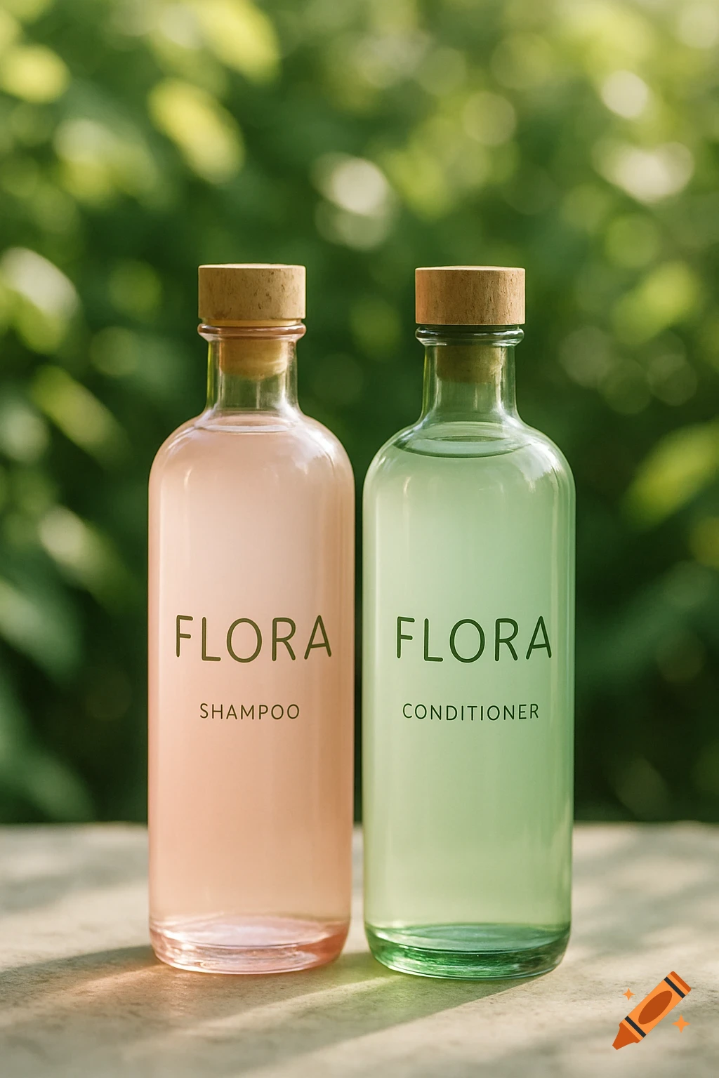 Two glass bottles, pink shampoo and green conditioner, with 'FLORA' labels and cork stoppers, against a blurred green background.