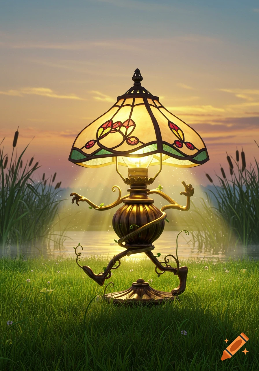 A whimsical Tiffany-style lamp with roots for legs and arms walks through a grassy landscape at sunset by a pond.
