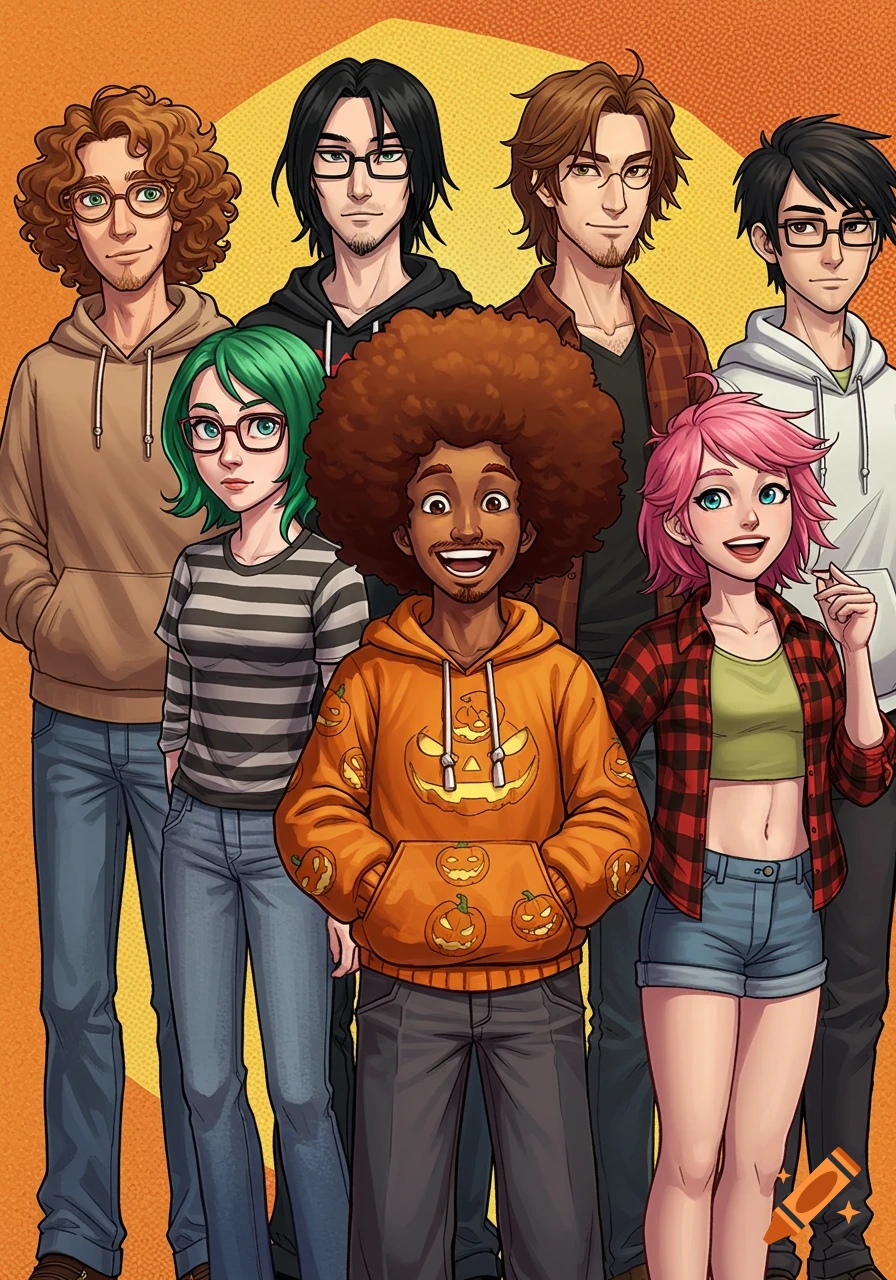 Seven diverse comic book style characters, casually dressed, standing in a row on an orange background, one in a pumpkin hoodie.
