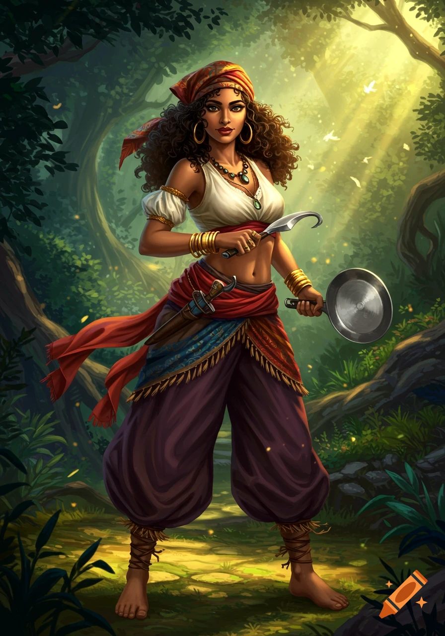 A beautiful Latina gypsy woman in a fantasy forest, holding a blade and frying pan, wearing a head wrap and flowing clothes.
