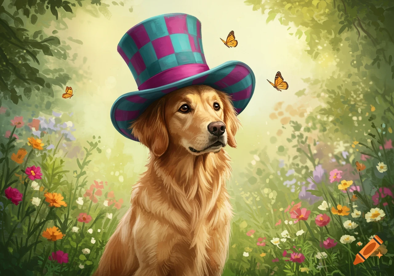 A golden retriever dog wearing a large pink and teal checkerboard top hat, sitting in a field of colorful wildflowers with butterflies.