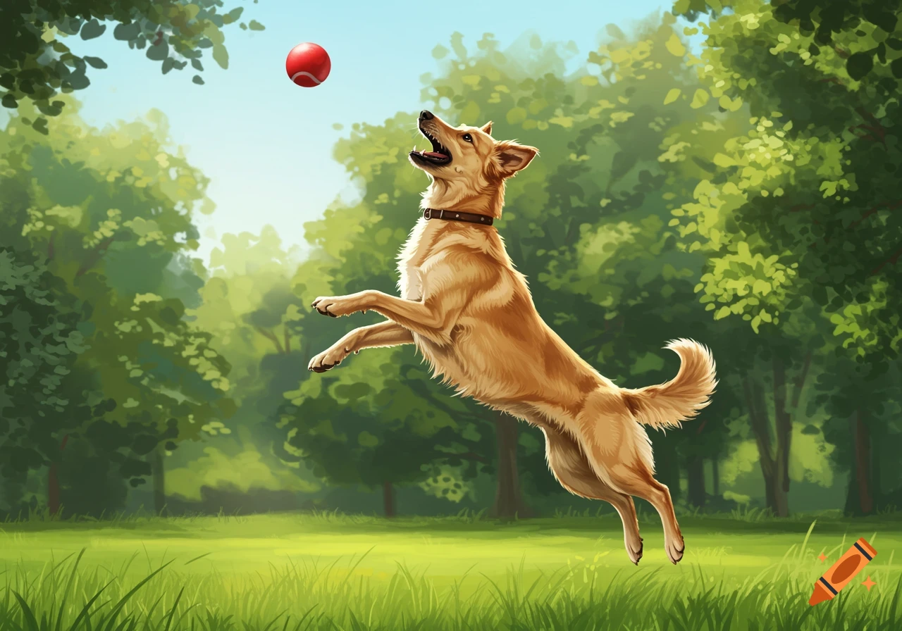 A golden dog leaps in the air to catch a red ball in a green park.