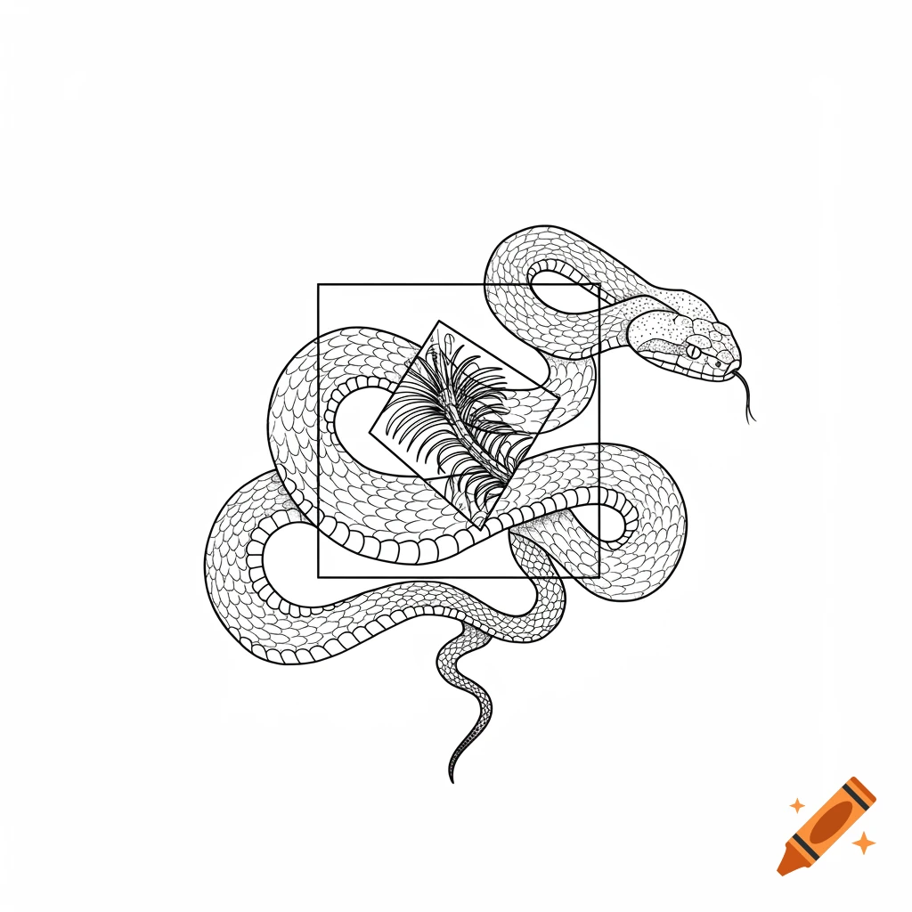 Black and white fine line drawing of a coiled viper, with a square revealing its skeletal structure.