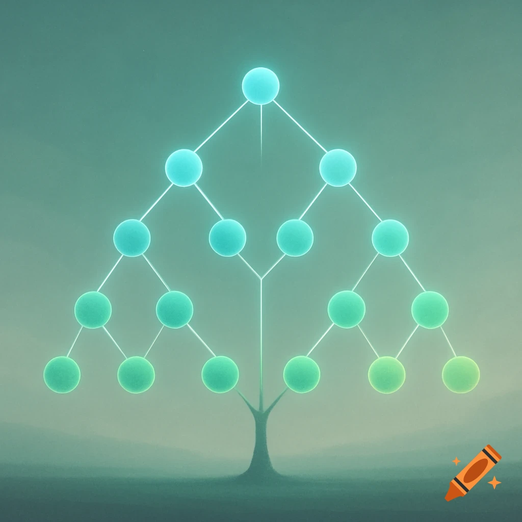 A glowing abstract binary tree diagram with aqua and green spheres connected by white lines, against a soft teal and green gradient background.