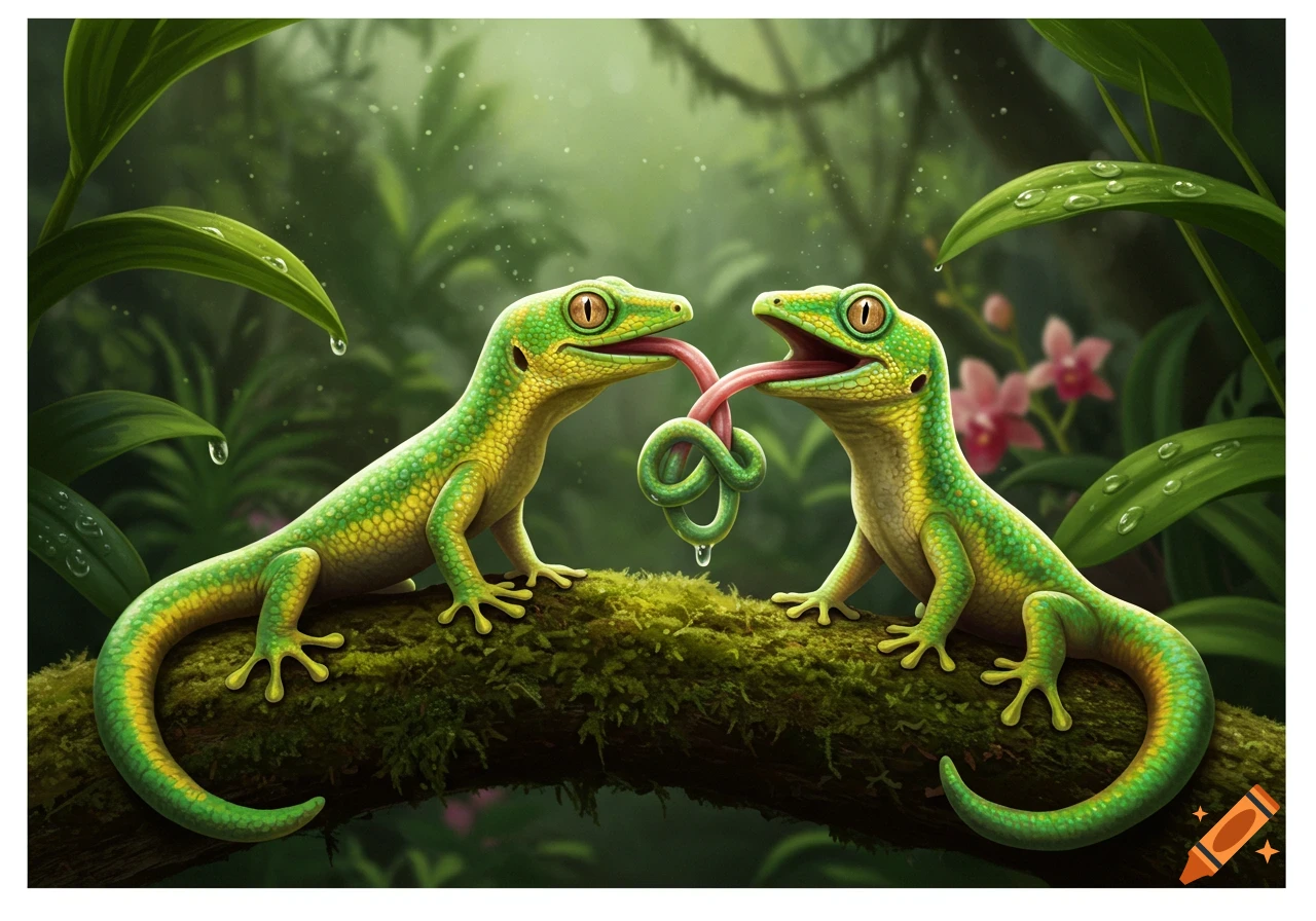 Two green and yellow geckos on a mossy branch in a jungle, with their tongues tied in a knot. Digital illustration.