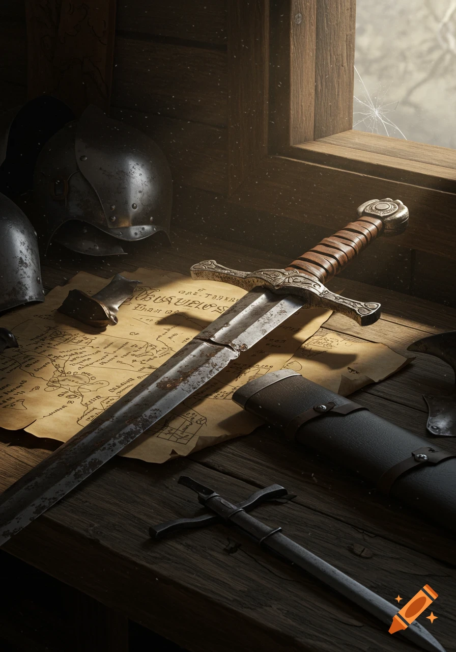 A close-up view of an ancient, worn longsword resting on a detailed map, with parts of a knight's armor nearby, illuminated by light from a window with a cracked pane.