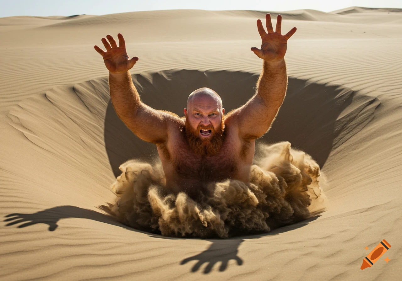 A shirtless bald man with a red beard emerges from a sinking sand pit in a desert, sand exploding around him.
