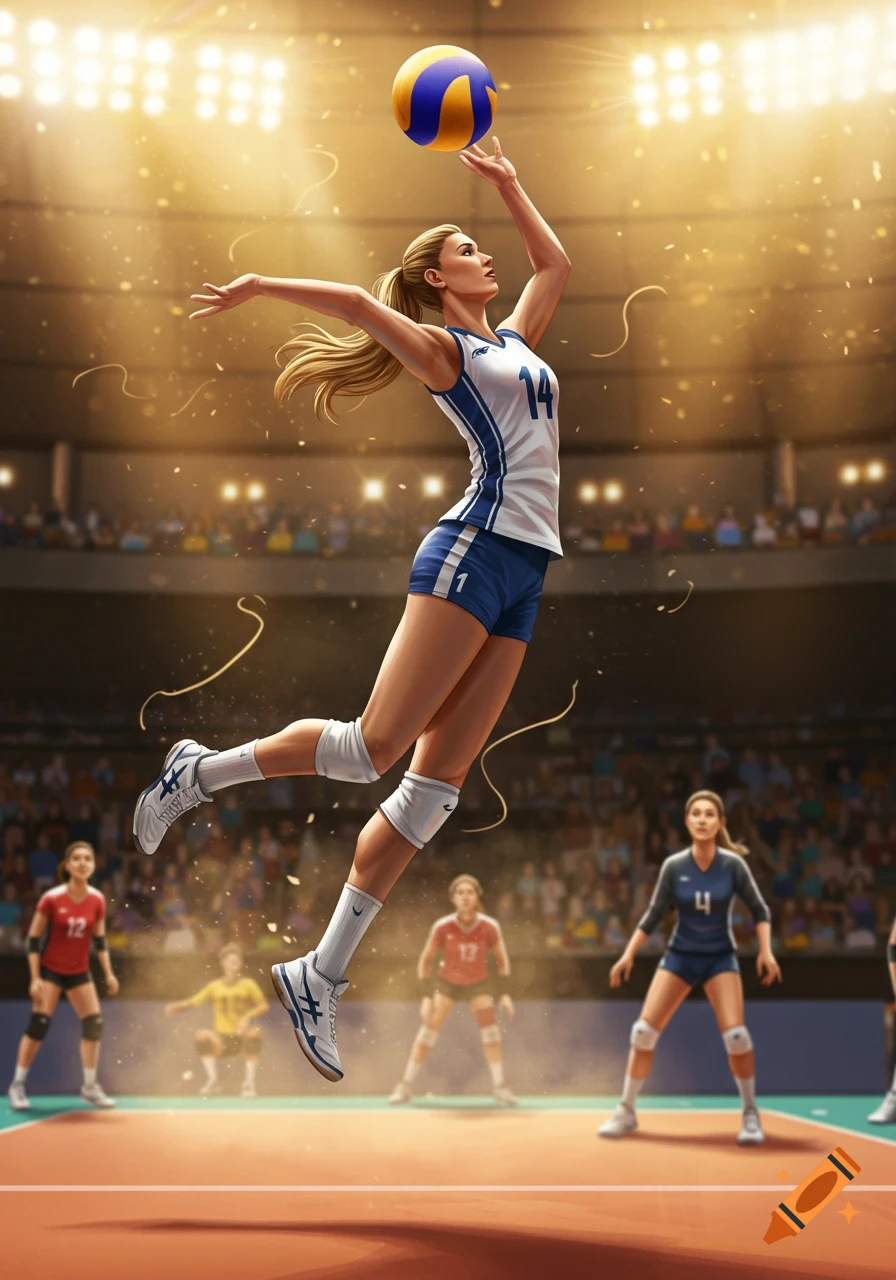 A female volleyball player in a white and blue uniform jumps to hit a volleyball in a brightly lit arena during a game.