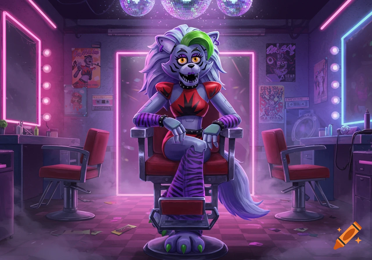 Roxanne Wolf, an anthropomorphic wolf animatronic, sits in a red barber's chair in a vibrant, neon-lit glam rock hair salon.