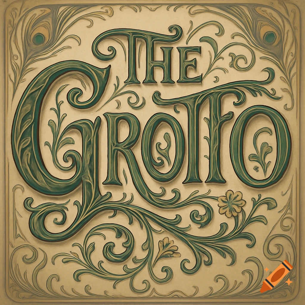 Stylized Art Nouveau typography for 'The Grotto' with ornate floral and peacock feather designs on a cream background.