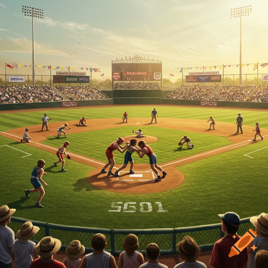 A stylized view of a baseball field with several people wrestling on the dirt pitcher's mound and other people standing around the field under a bright, sunny sky. Spectators fill the stands in the background.