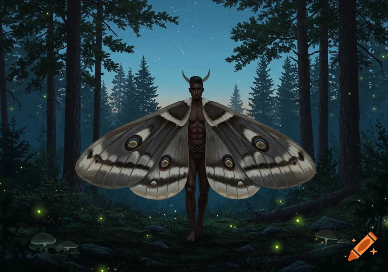 A muscular man with dark skin and large, detailed moth wings stands in a mystical dark forest with glowing fireflies and mushrooms.