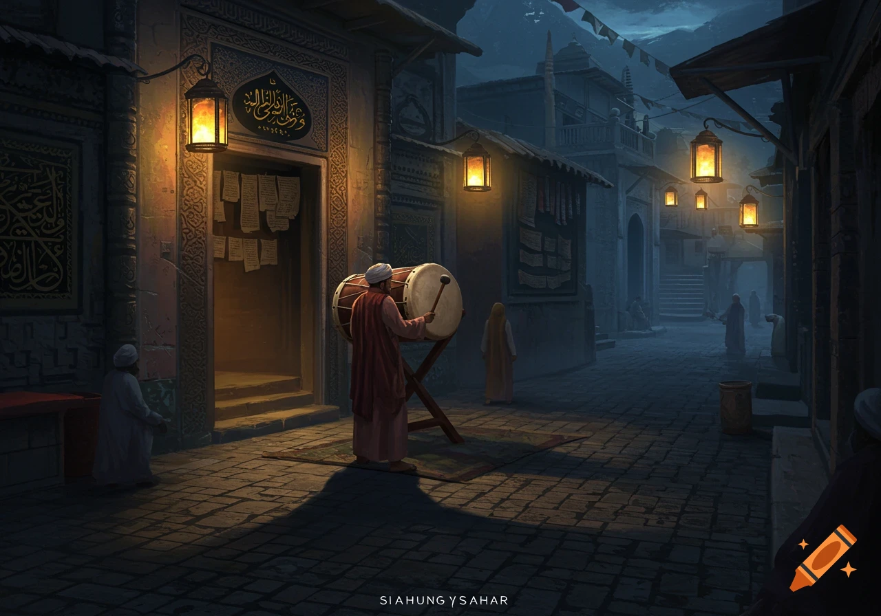 A man in traditional attire plays a large drum on a cobblestone street at night, lit by glowing lanterns outside a building with ornate architecture.