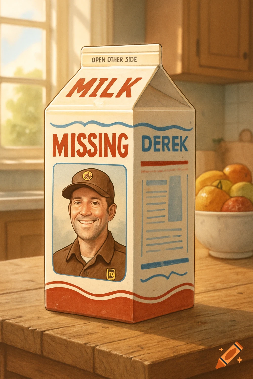 An illustration of a milk carton with "MILK MISSING DEREK" printed on it. It features a smiling man in a brown uniform and cap.