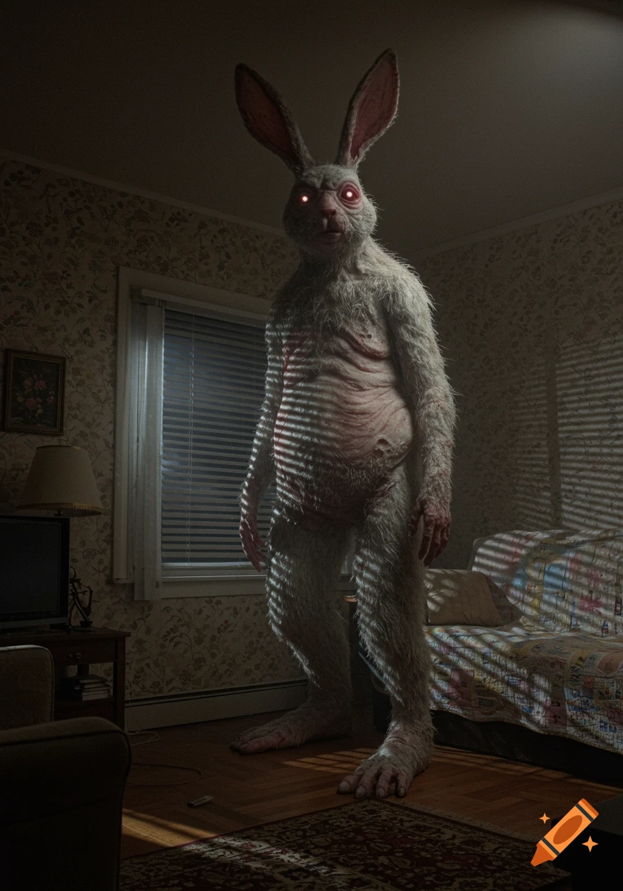 A tall, monstrous human-rabbit hybrid with glowing red eyes stands in a dimly lit living room, illuminated by light through blinds.