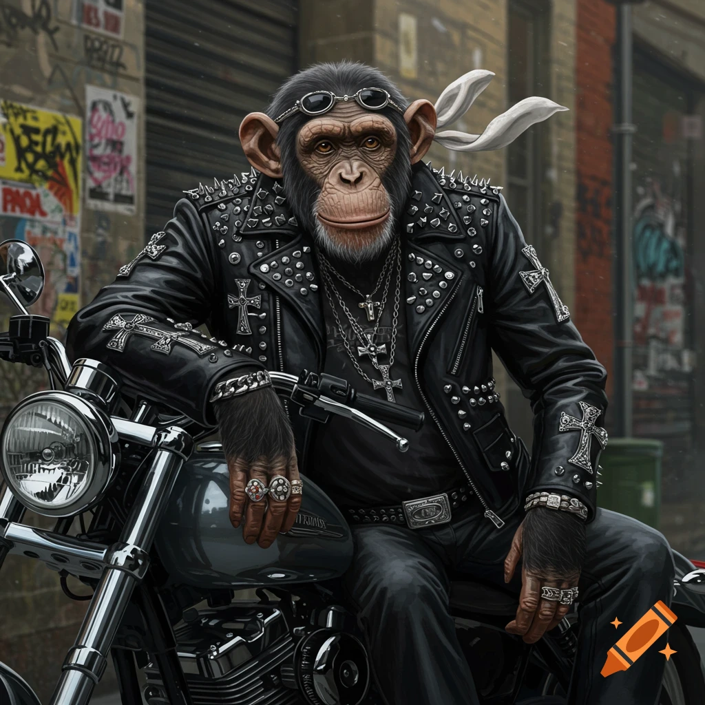 Photorealistic chimpanzee in a studded leather biker jacket and sunglasses sitting on a motorcycle in an urban alley.
