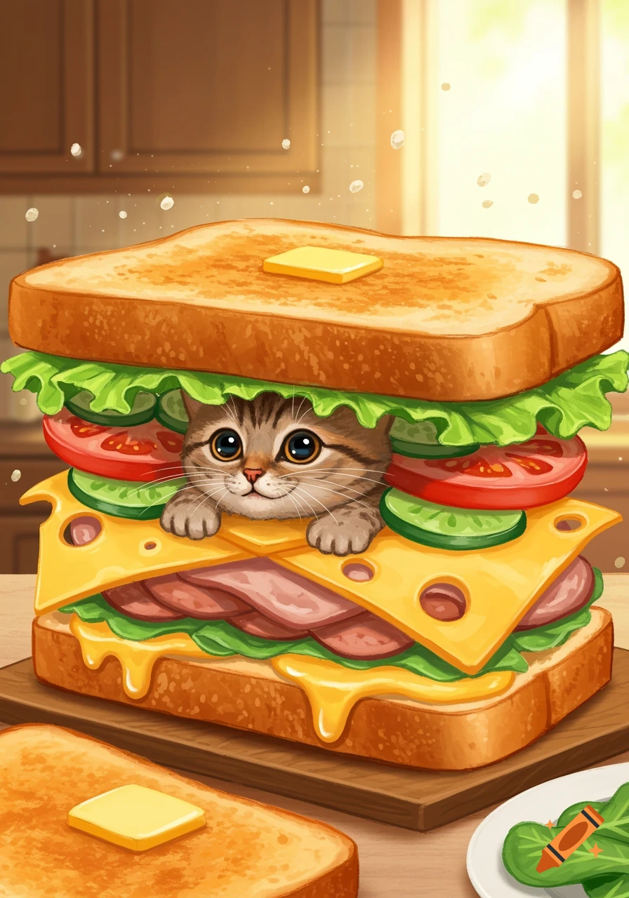 A cute kitten peeks out from a large, cartoonish sandwich filled with cheese, ham, lettuce, tomato, and cucumber.