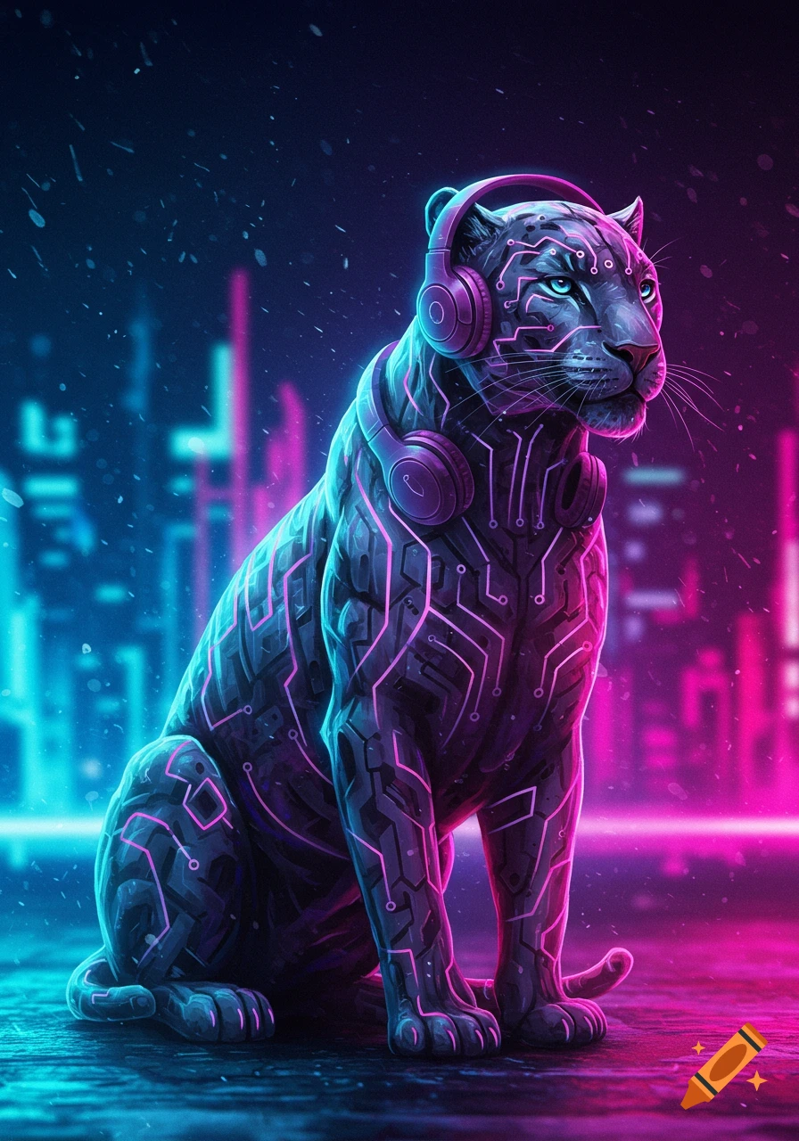 A stylized panther with glowing neon circuit patterns and headphones sits in a vibrant blue and pink neon-lit cityscape.