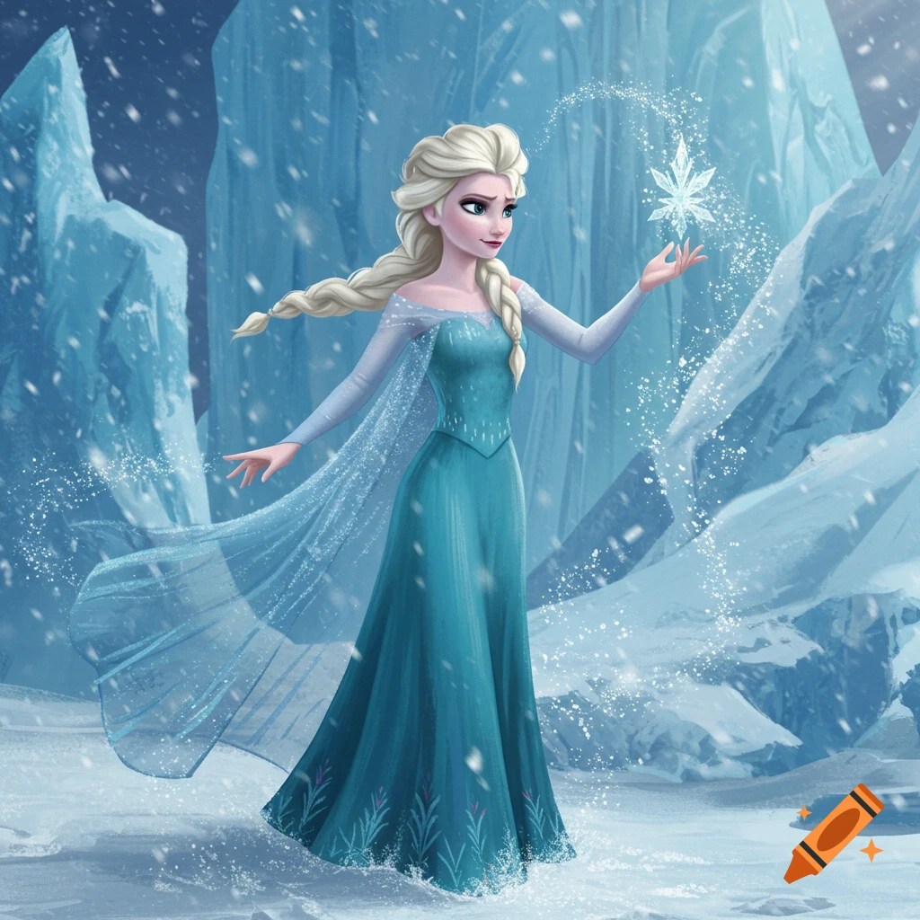Elsa, with blonde braided hair and a teal dress, stands in a snowy, icy landscape, holding out her hand to create a sparkling snowflake.