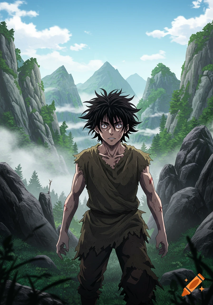 An anime character with messy black hair and torn clothes stands in a misty mountain landscape.