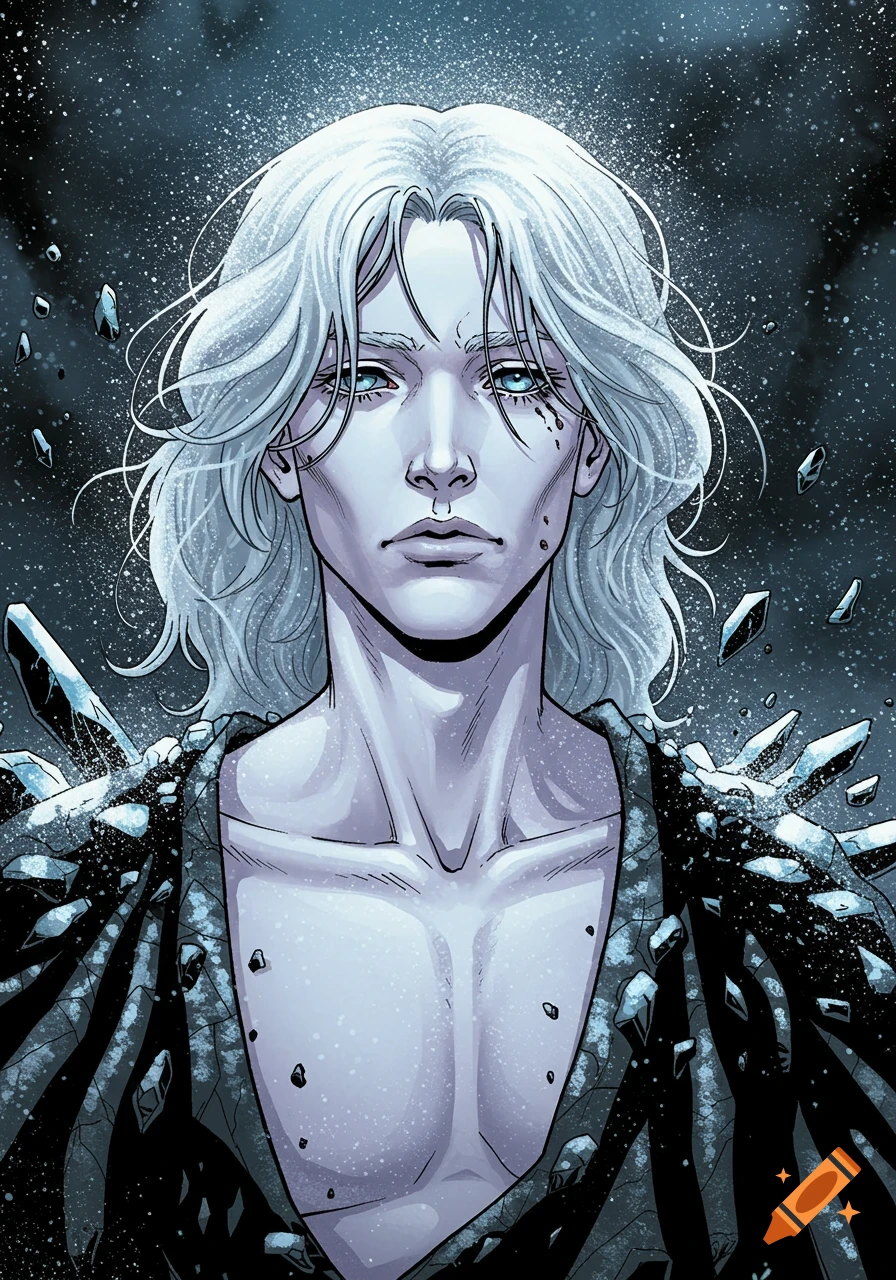 Graphic novel portrait of a pale figure with white hair and blue eyes, wearing a dark, shard-covered cloak, surrounded by ice.