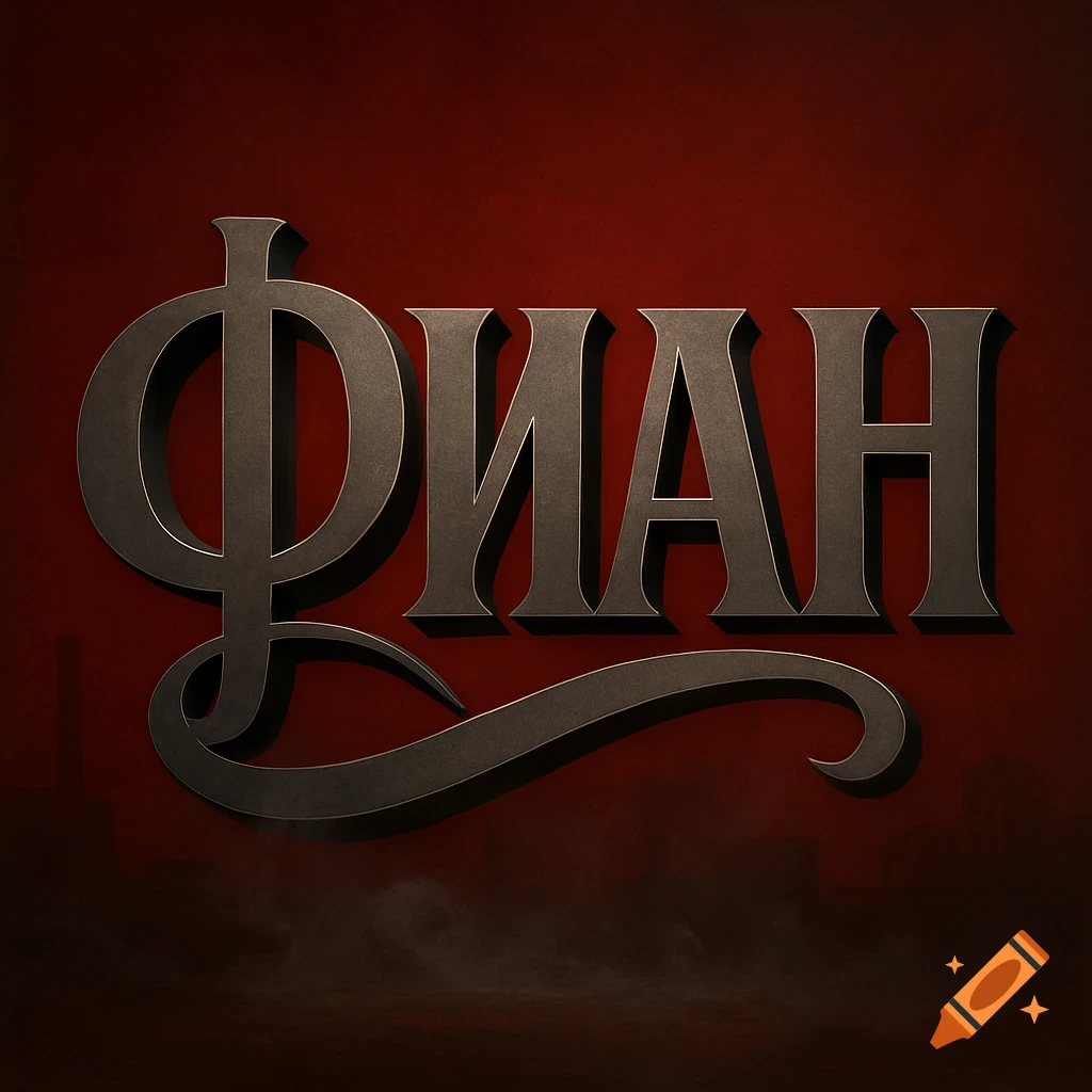 The Russian word "ФИАН" rendered in a dark, textured metallic font with a shadow effect, against a deep red background.