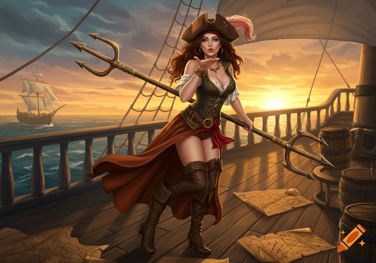 An illustrated pirate girl with a feathered hat holds a trident and blows a kiss on a ship's deck at sunset, with another ship in the background.