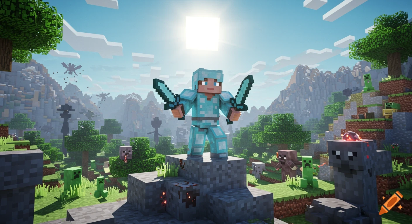 A Minecraft character in diamond armor holding two swords stands on a stone structure, surrounded by blocky trees, mountains, creepers, zombies, and other creatures under a bright sun.