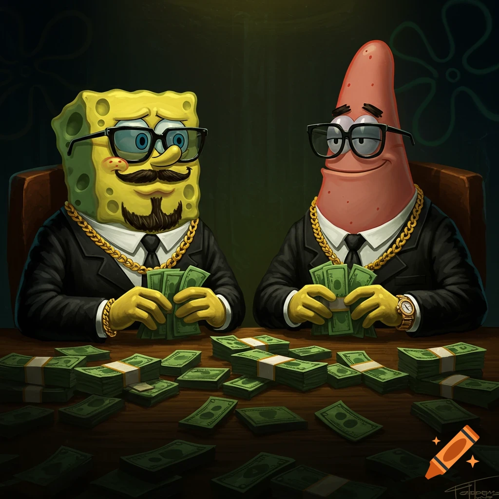 SpongeBob and Patrick in suits, chains, and shades count piles of money at a table in a dark room.