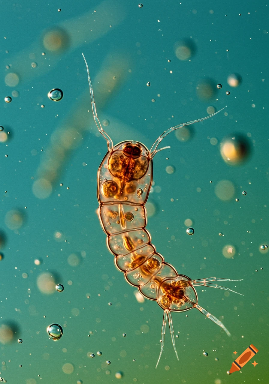 A translucent brown worm-like organism with many appendages viewed through a microscope in a teal liquid with bubbles.