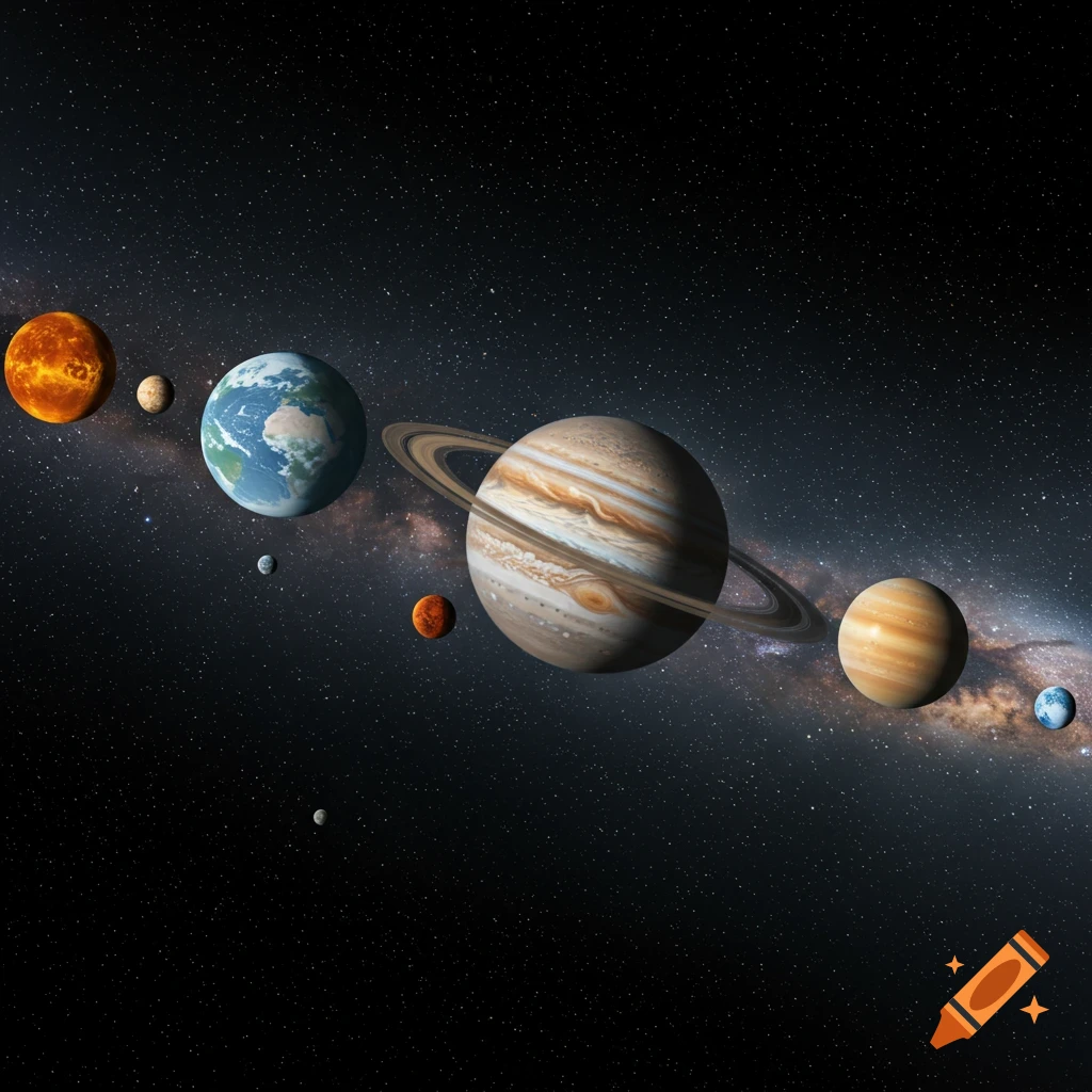 A collection of planets of varying sizes and colors, including one with prominent rings, against a dark, star-filled space background.