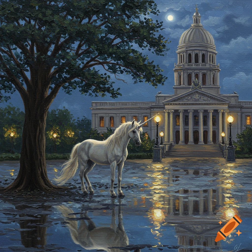 A white unicorn stands on wet ground under a large tree in front of a grand building under a moonlight sky, in an oil painting style.