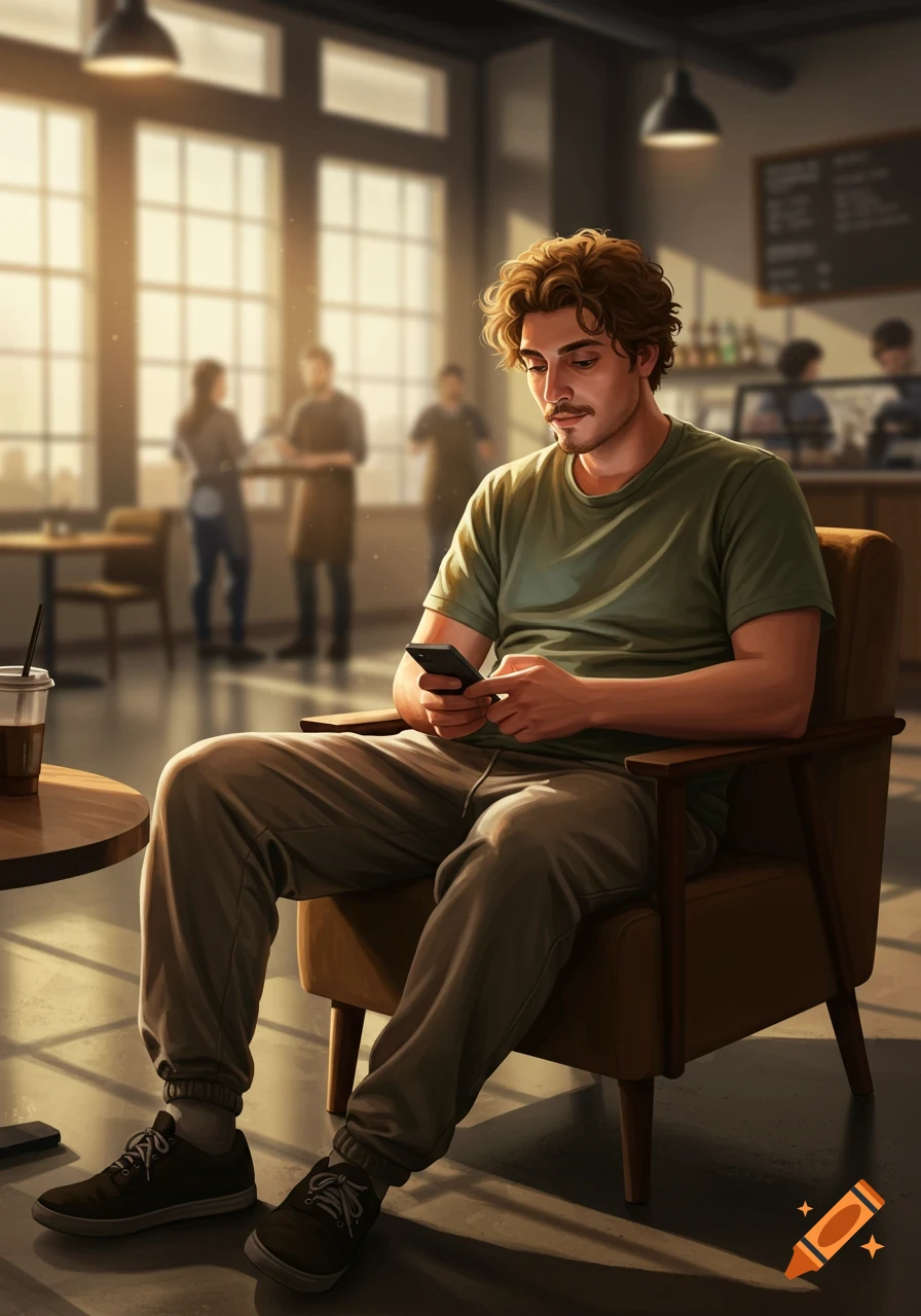 A man with curly brown hair and a mustache sits in a cafe, looking at his phone. He wears a green t-shirt and sweatpants, with a drink on the table beside him.