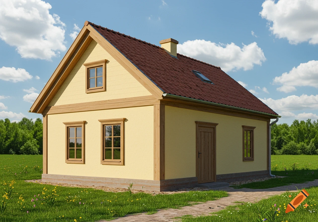 A photorealistic image of a country house with yellow walls and a brown roof, surrounded by a green field under a blue sky.