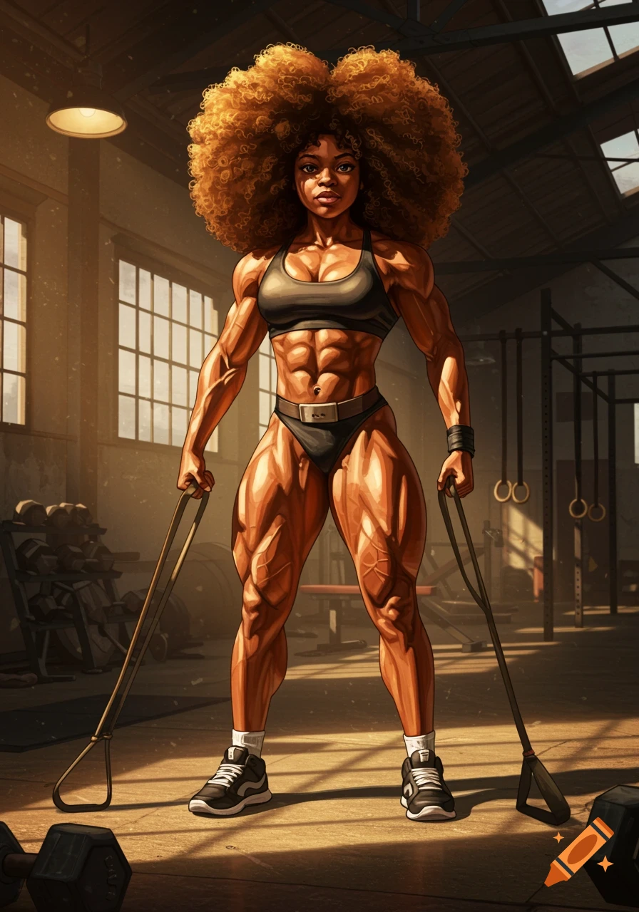 A muscular female bodybuilder with a large afro poses in a gym, holding resistance bands.