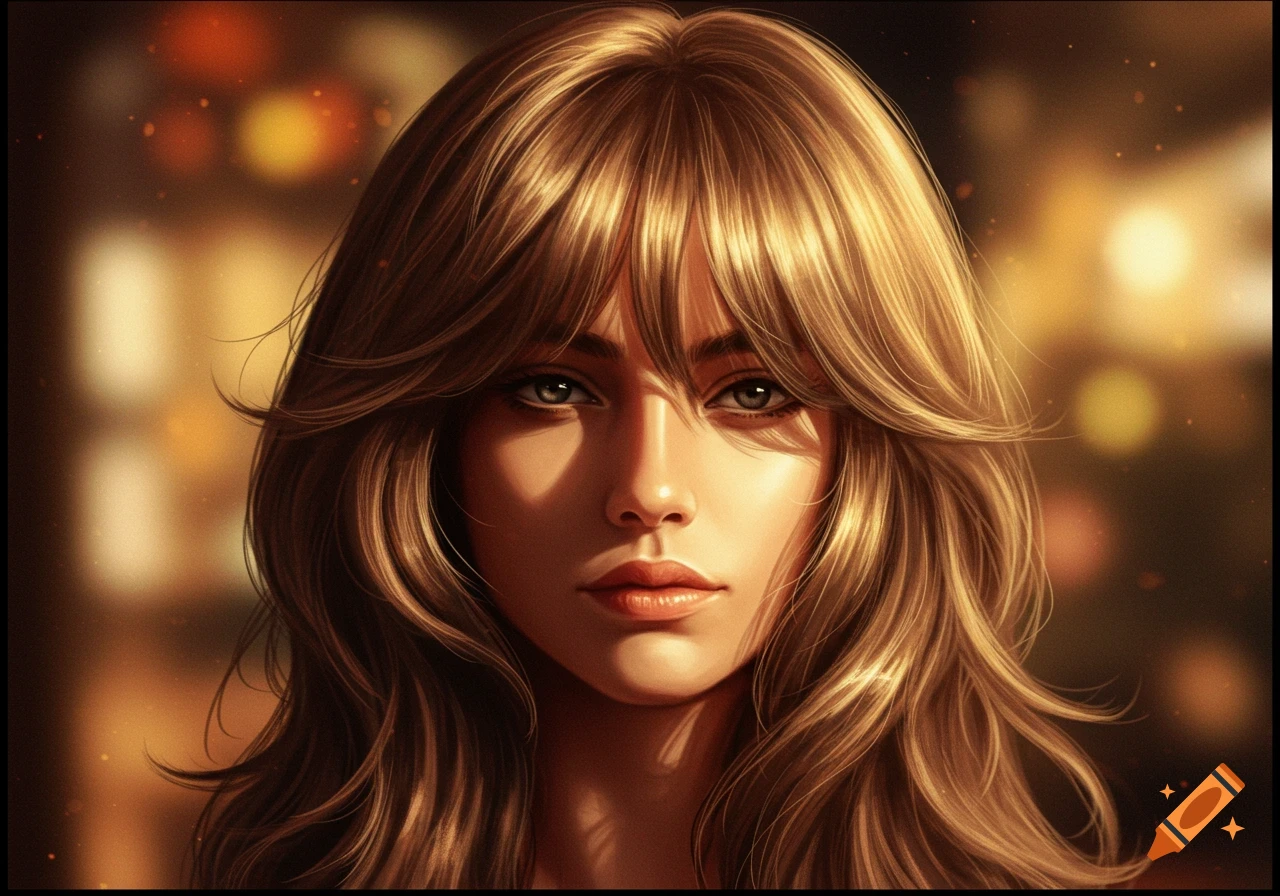 Close-up digital art portrait of a woman with long layered blonde hair and bangs, looking forward.