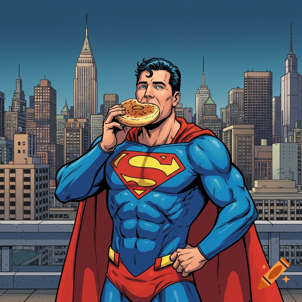 Superman in his iconic red and blue suit with a red cape eats a bagel on a rooftop overlooking a cityscape in a comic book art style.