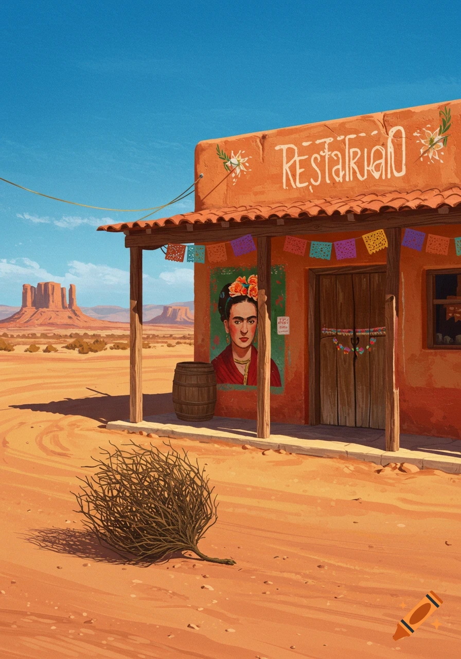 A stylized painting of an orange Mexican restaurant in a desert with a tumbleweed rolling past, and mesas in the background.