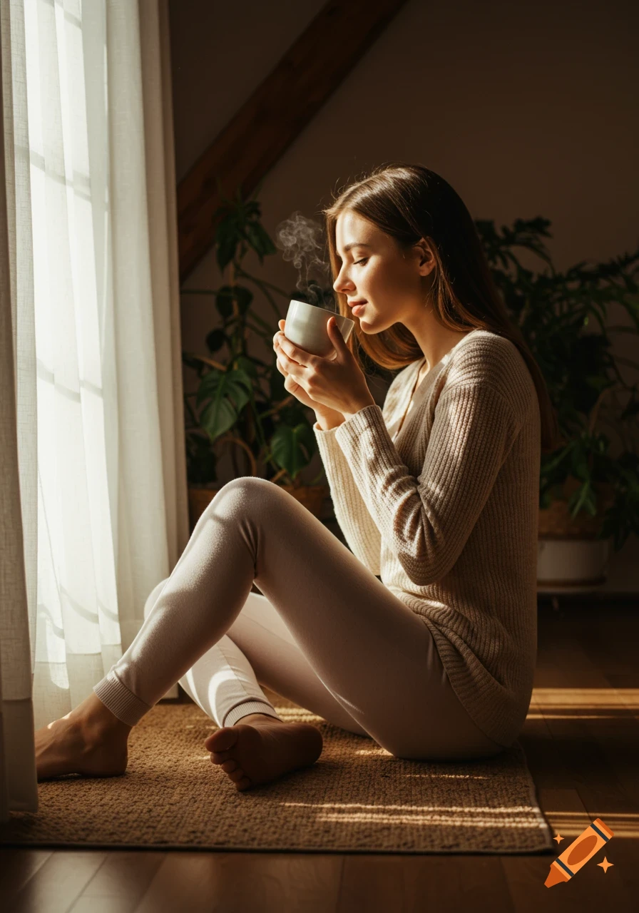 Young woman sitting on a rug by a window in soft morning light, holding a steaming mug.